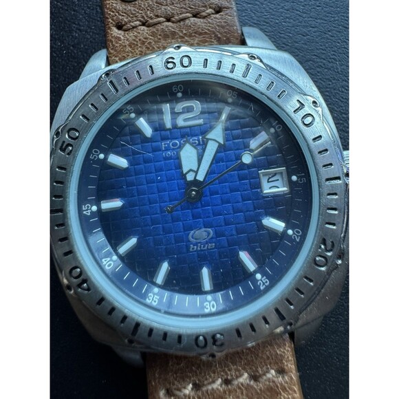 Fossil Blue Watch Men Date Stainless Steel Silver Batt Leather Brown 100m Quartz - Picture 3 of 10
